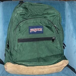 Vtg 90s JANSPORT USA -MADE Green LEATHER-BOTTOM HIKE BACKPACK Travel School Bag